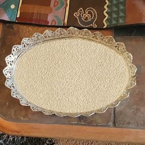 Vintage Gold Romantic Filagree Oval Mirror Vanity Tray Hollywood Regency